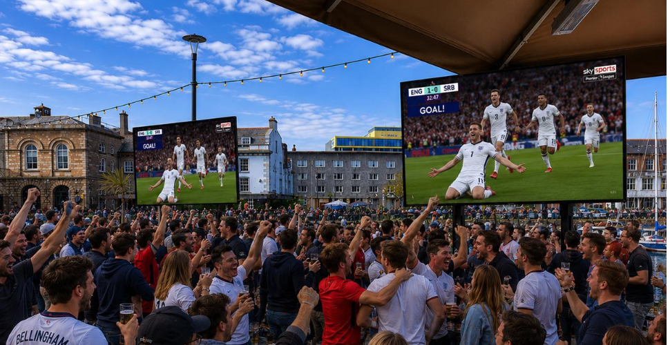 Football fans watching big screens on the barbican in Plymouth Football fans watching big screens on the barbican in Plymouth